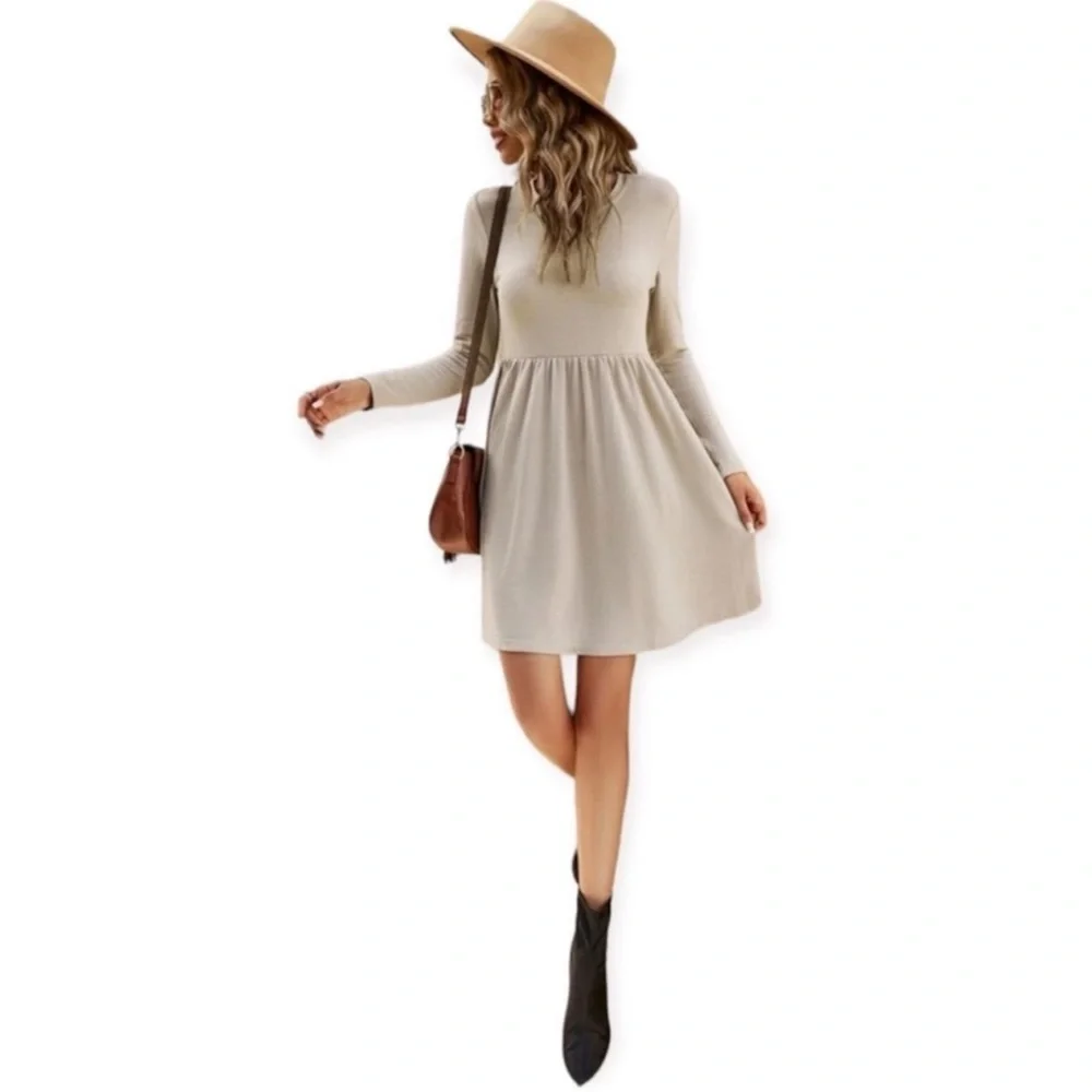NWT Emery Rose Tan Long Sleeve Solid A-Line Dress size women’s large 8 / 10
